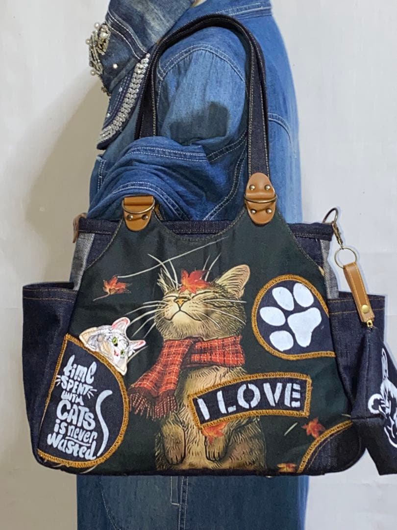 ハンドメイド☆ステンシル☆トラネコ☆リュック対応☆4wayあおりバッグ