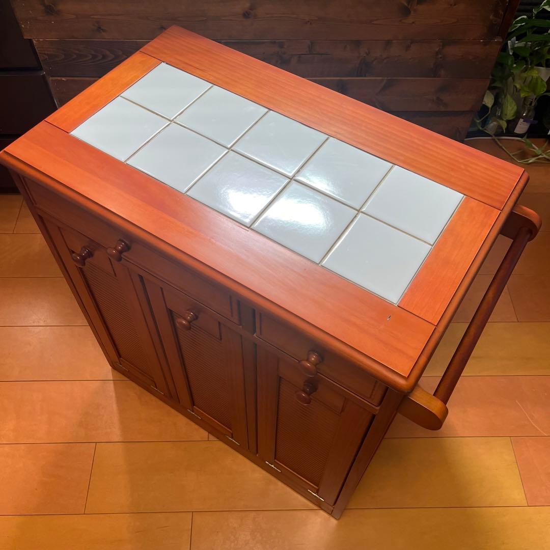 天然木 タイル天板 キッチンカウンター 3分別ダストボックス キャスター付き