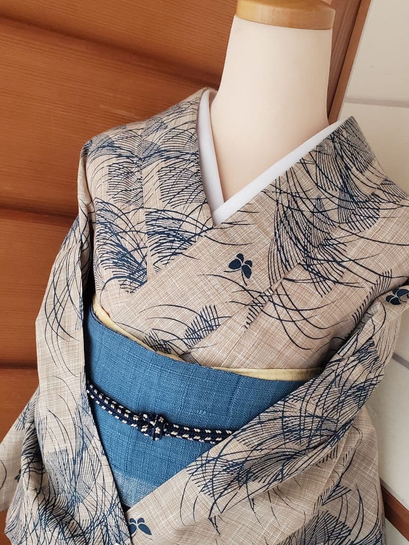 【麗しのふだんキモノ＊】奥州小紋風の浴衣　ベージュ×青　スモールサイズ　綿