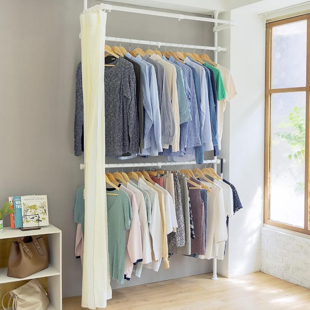 山善(YAMAZEN) 突っ張り ハンガーラック 頑丈 カーテン付き 2段