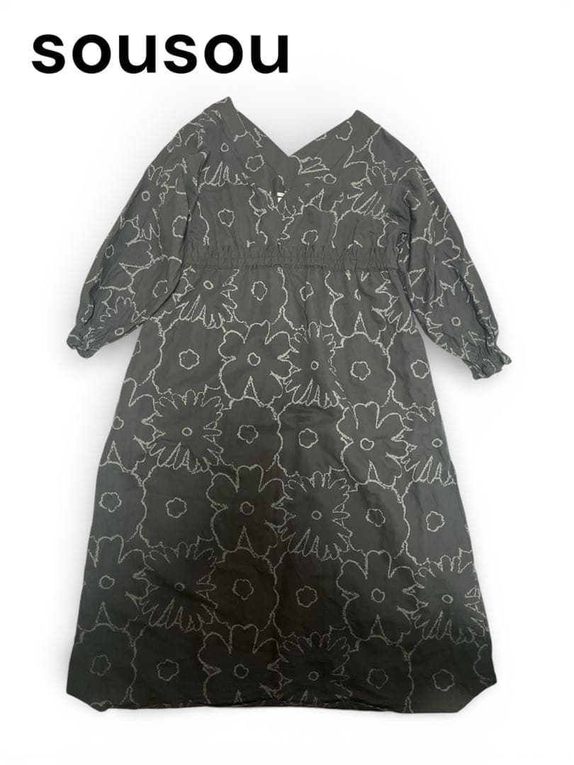 sousou ゆかたみたて 着物風 ロングワンピース 花柄 黒 麻混　Lサイズ