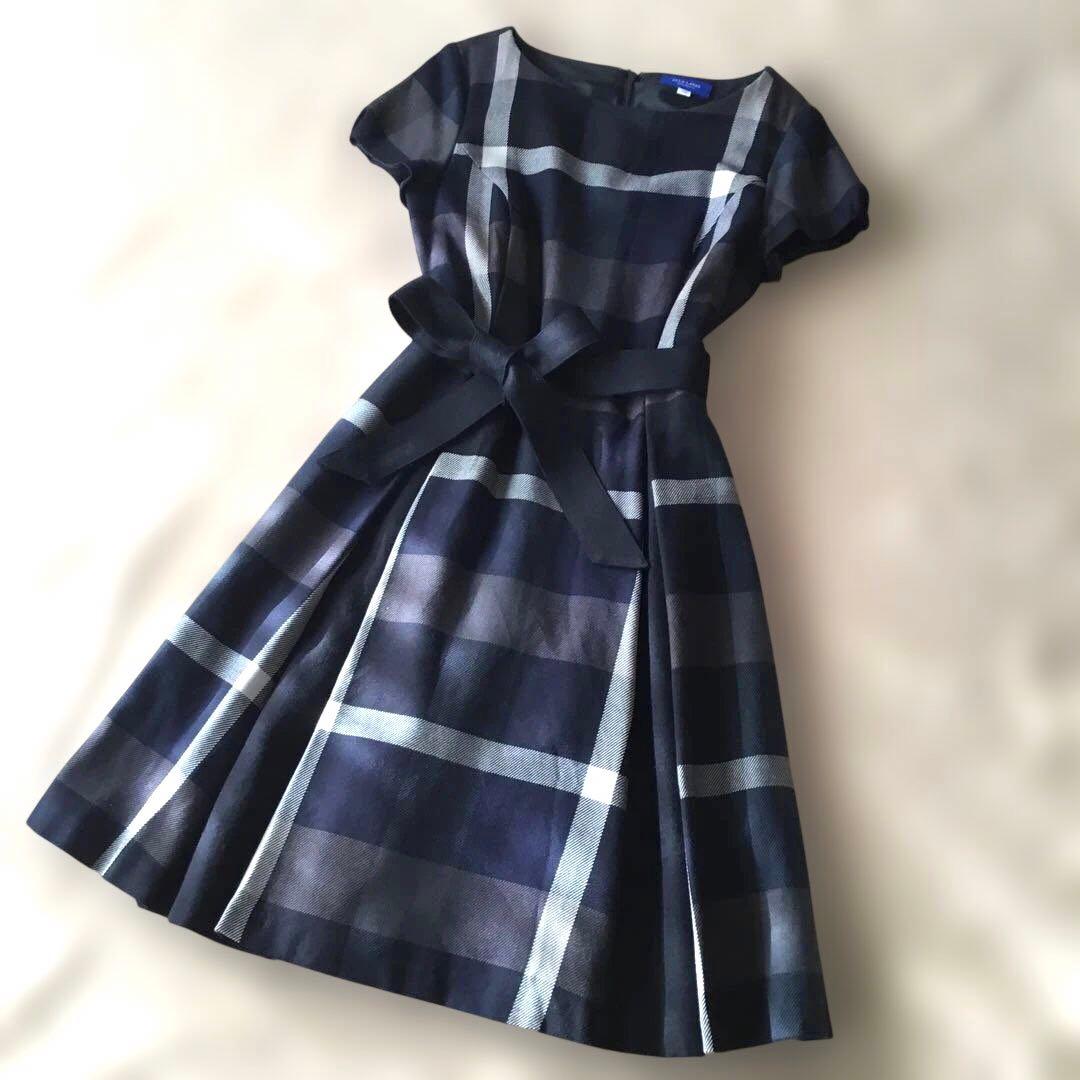 ブルーレーベル　半袖ワンピース　ネイビー系チェック　38 M