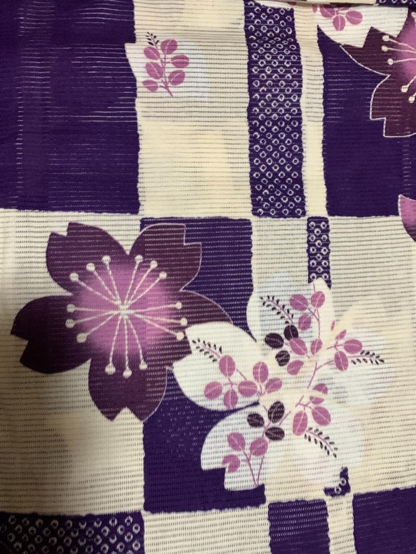 画像の赤帯+お任せ帯締めつき◆最高級【綿絽浴衣】古典紫すみれの市松涼し桜ゆかた