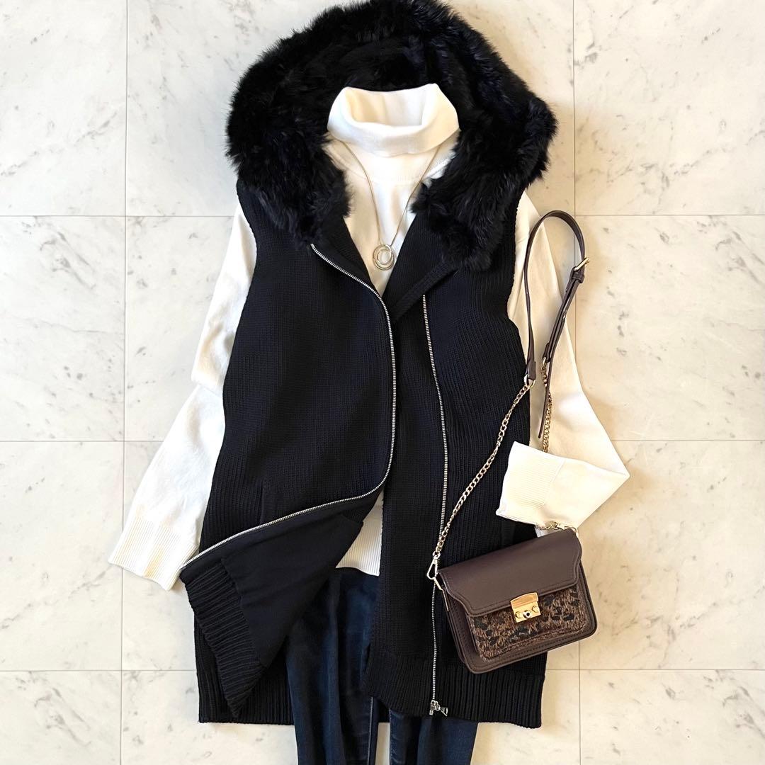 美品♪セオリー ウールリブニットベスト S ブラック黒 ラビットファーフード