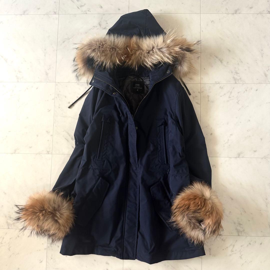 美品♪イネド 中綿ライナー付きモッズコート ファーフード ネイビー 大きいサイズ
