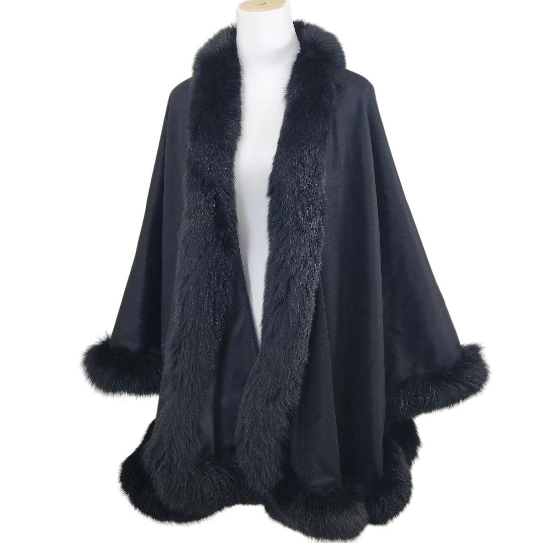 美品　SAGA FURS　ケープ　カシミヤ × 染めブルーフォックス　ブラック