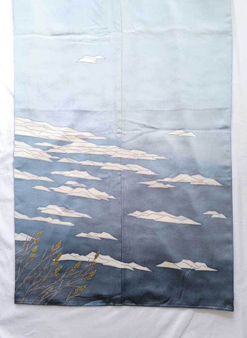 大人の着物海空柄雲水色紺色氷河青ネイビーブルー女袷着物グラデ付け下げ訪問着絵羽柄