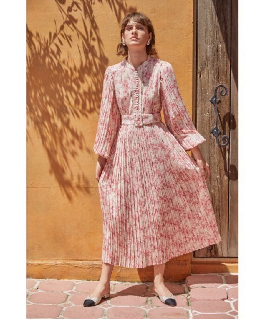 新品Estella.K Jane Belted Dressプリーツプリントドレス