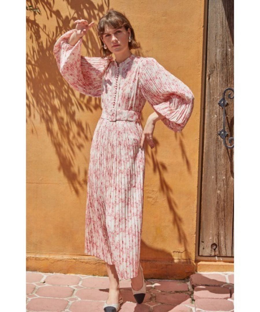 新品Estella.K Jane Belted Dressプリーツプリントドレス