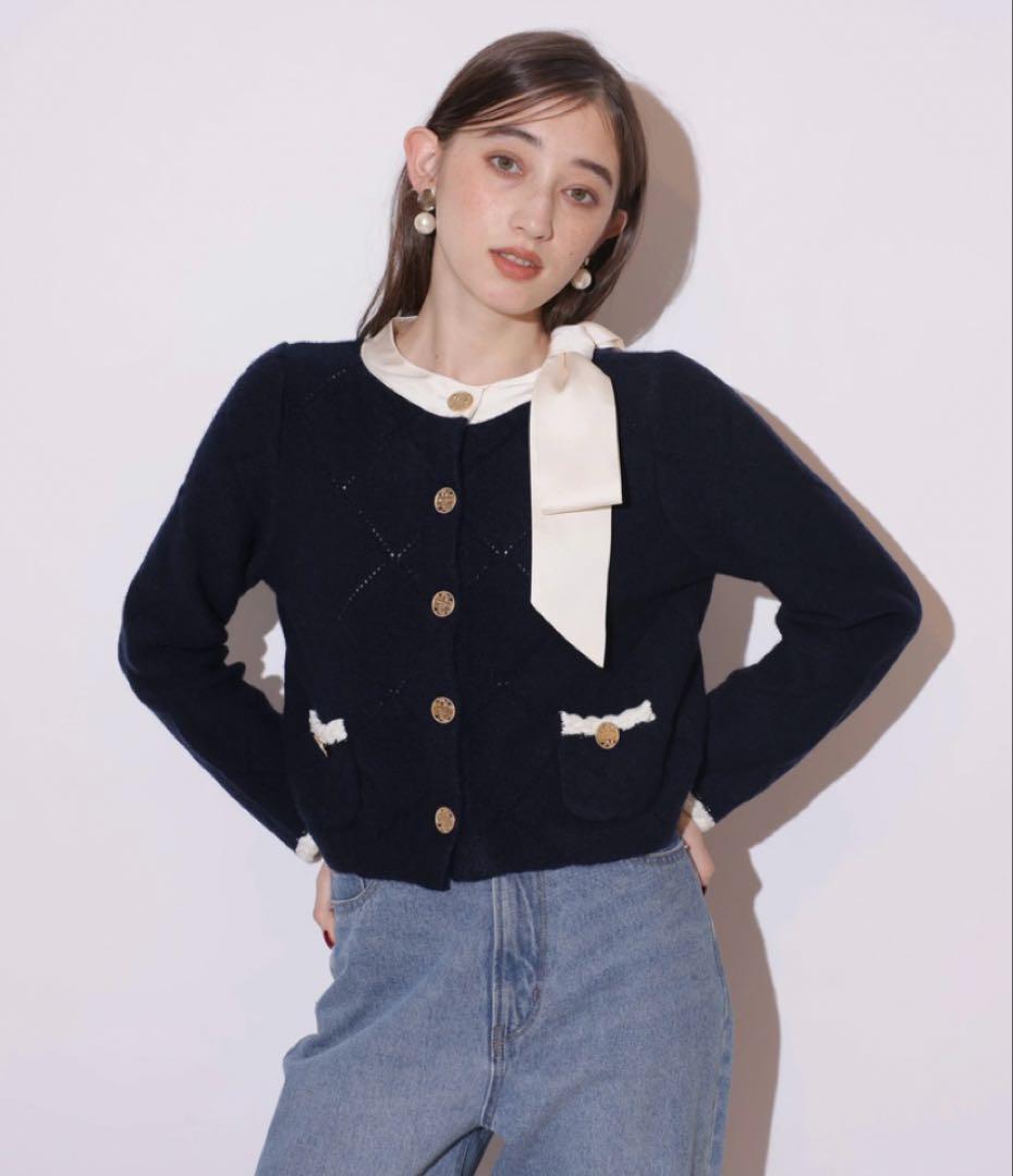 リランドチュール　MARIEBELLEコラボリボンニットジャケット ブラック