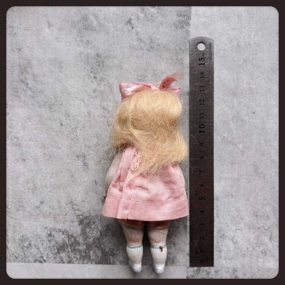 アンティーク ピンクのリボンの女の子 オールビスクドール ミニョネット
