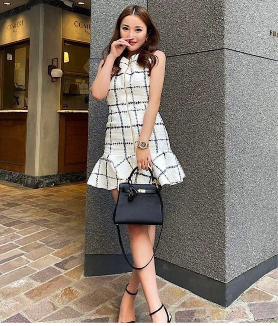 sheller フロントZIPチェックツイードドレス