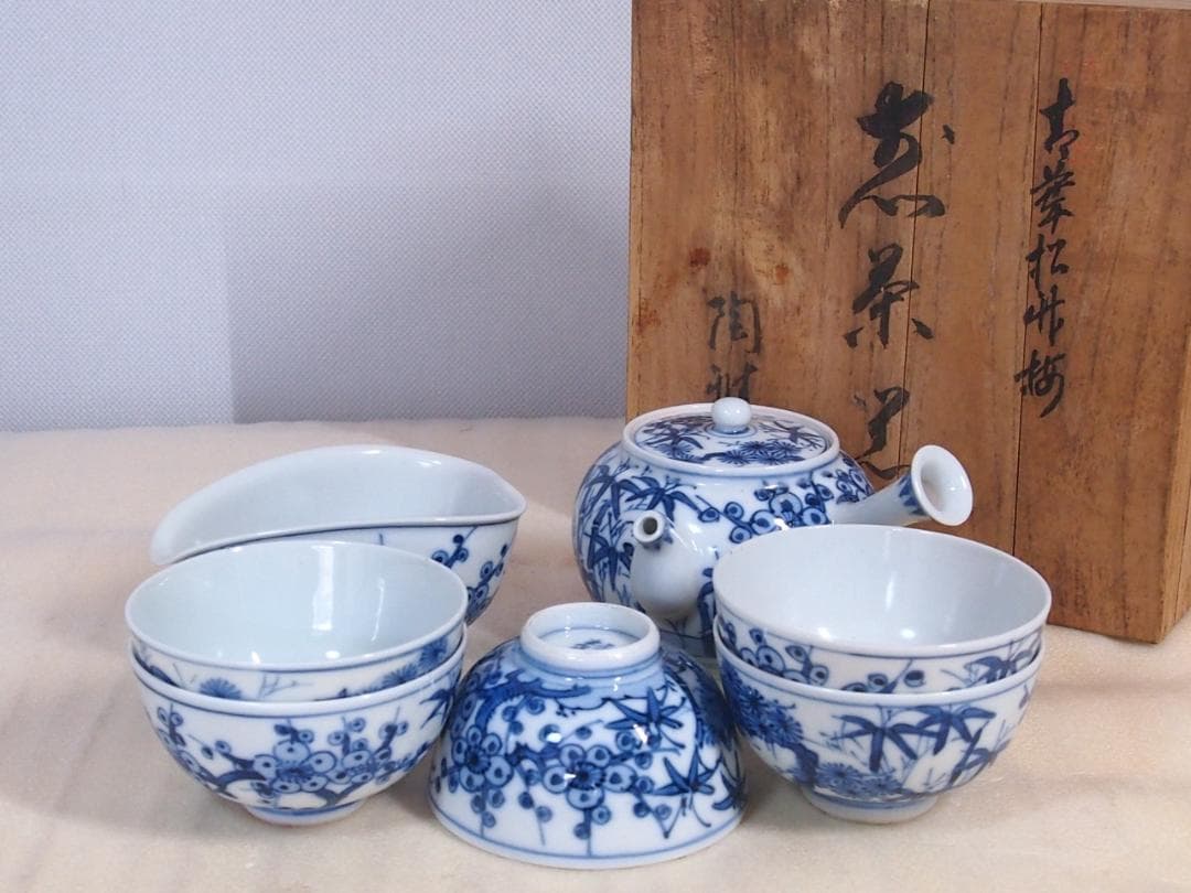 【未使用】京焼/清水焼 平安光抱 青葉松竹梅 茶器揃5客 陶雅堂 湯吞茶碗/急須