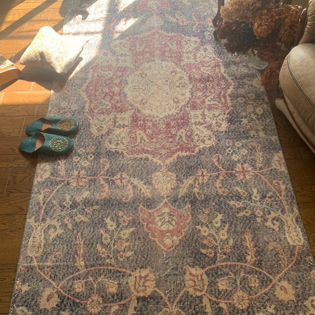 大判　ロング　251×112 トルコヴィンテージラグ　インディゴ　ローズレッド