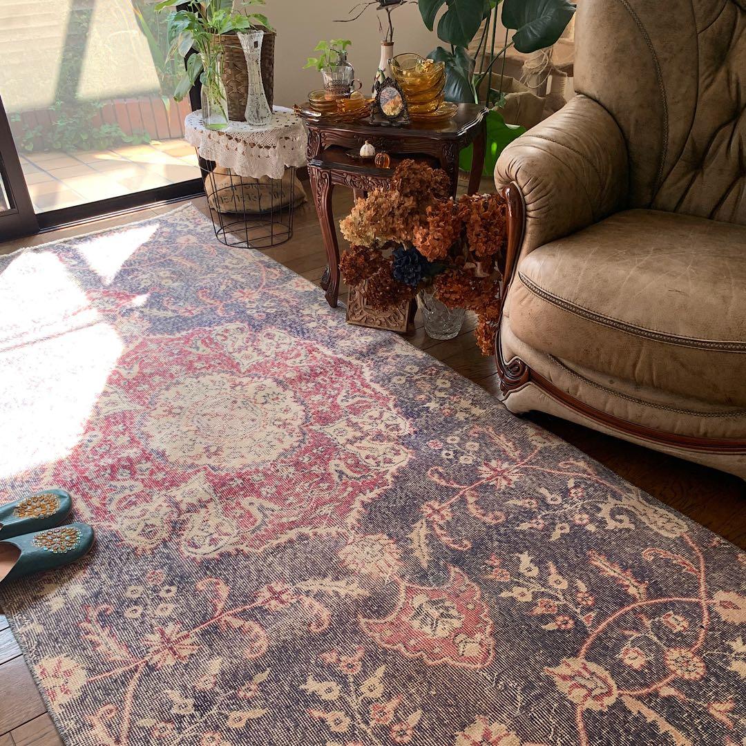 大判　ロング　251×112 トルコヴィンテージラグ　インディゴ　ローズレッド