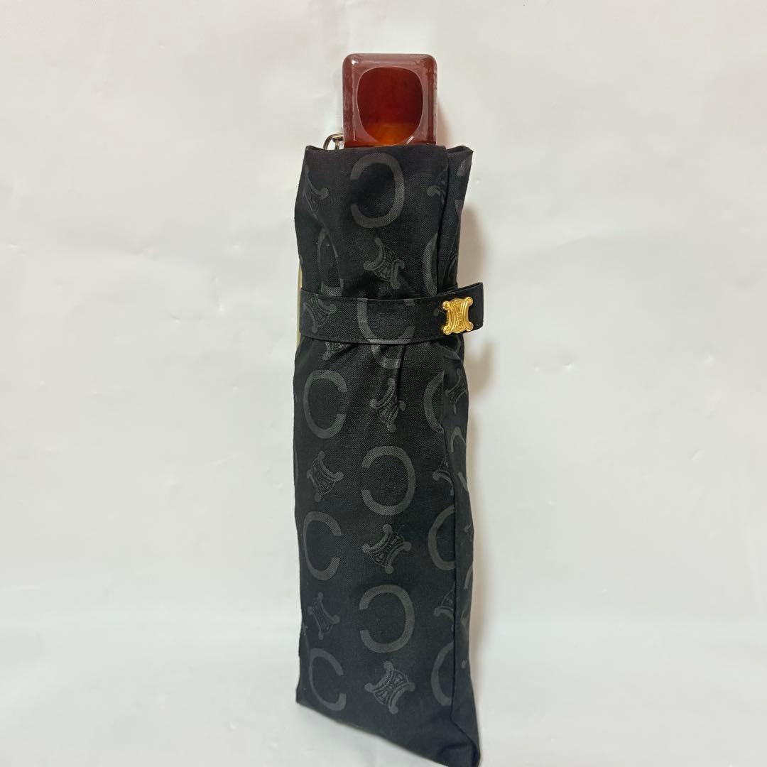 美品　CELINE セリーヌ　Cマカダム鼈甲風ハンドル　晴雨兼用UV折りたたみ傘