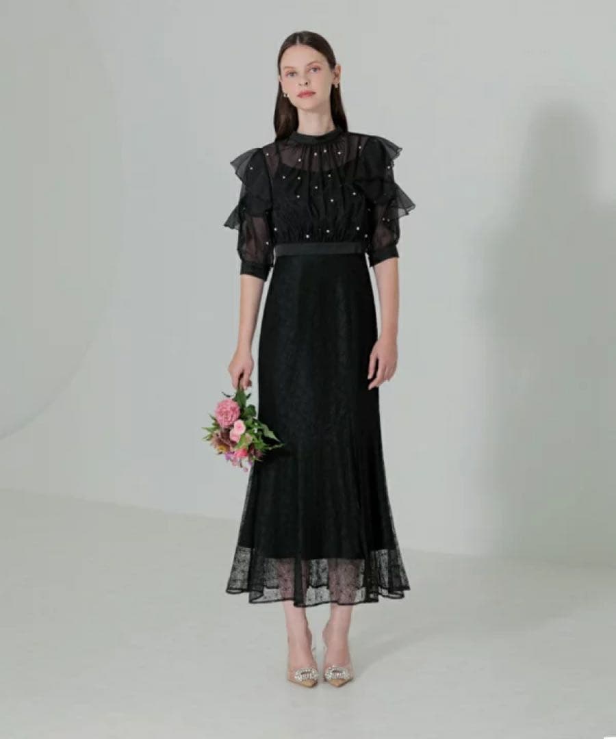 Leja2WAYパール付きシアーレースバックリボンボレロスリットキャミワンピース