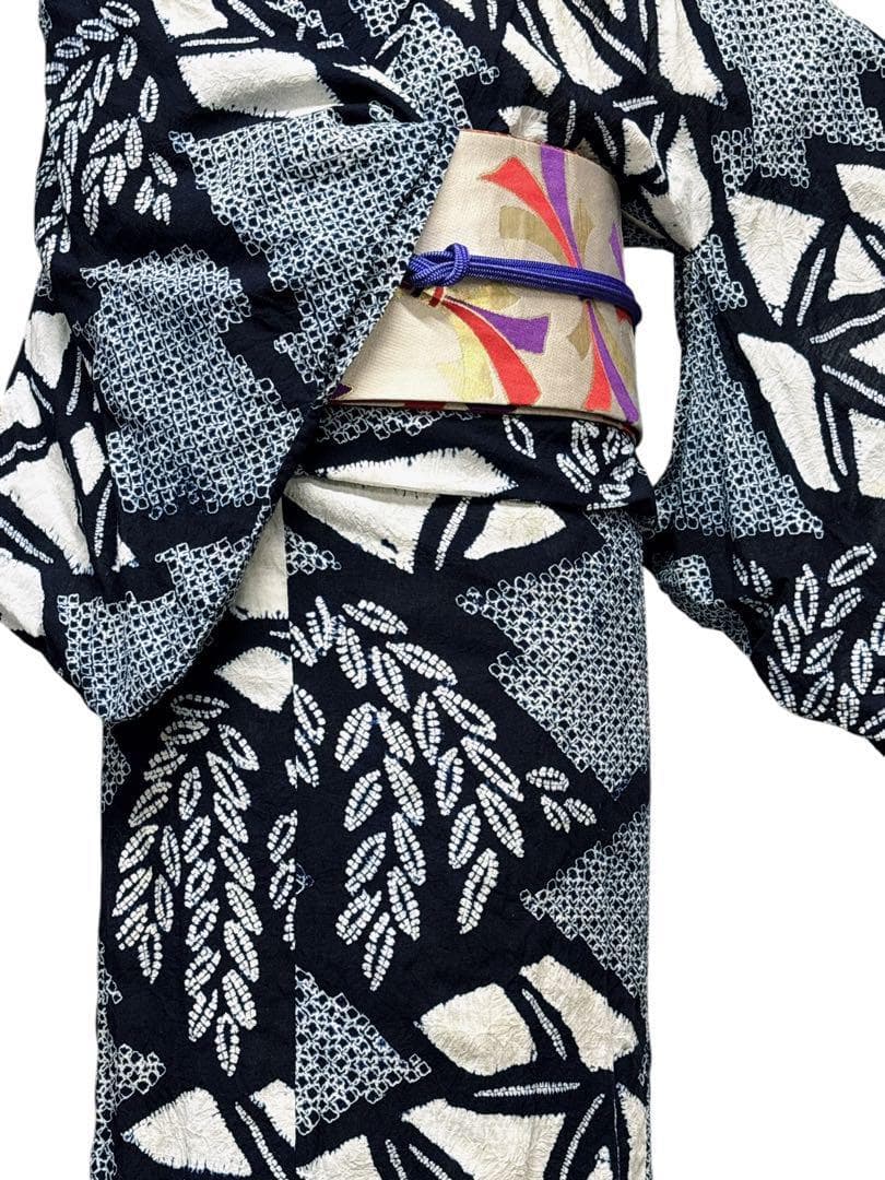A53有松鳴海絞り 浴衣 花 綿　紺青