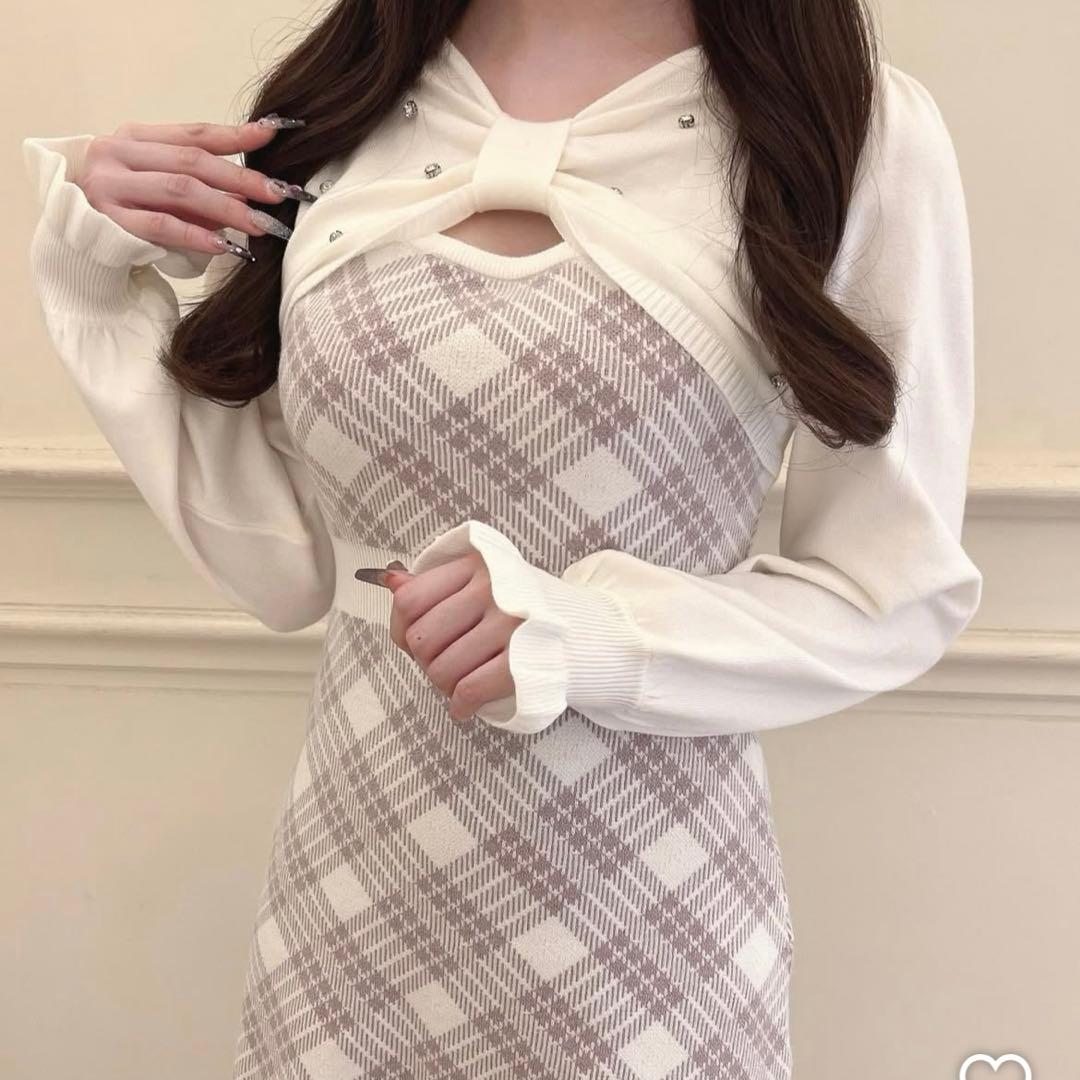 evelyn エブリン 長袖チェックリボンニット ピンク