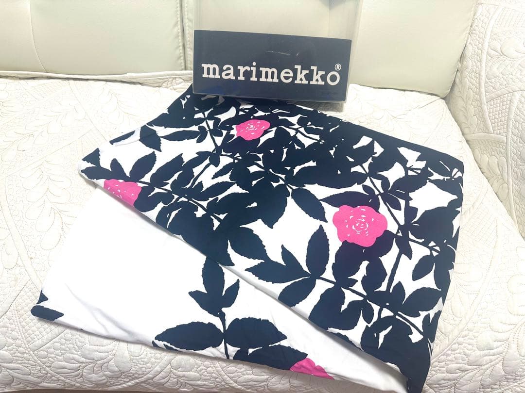 ①未使用品マリメッコ☆ルースプーDLダブルサイズ布団カバー紺ネイビーピンク色