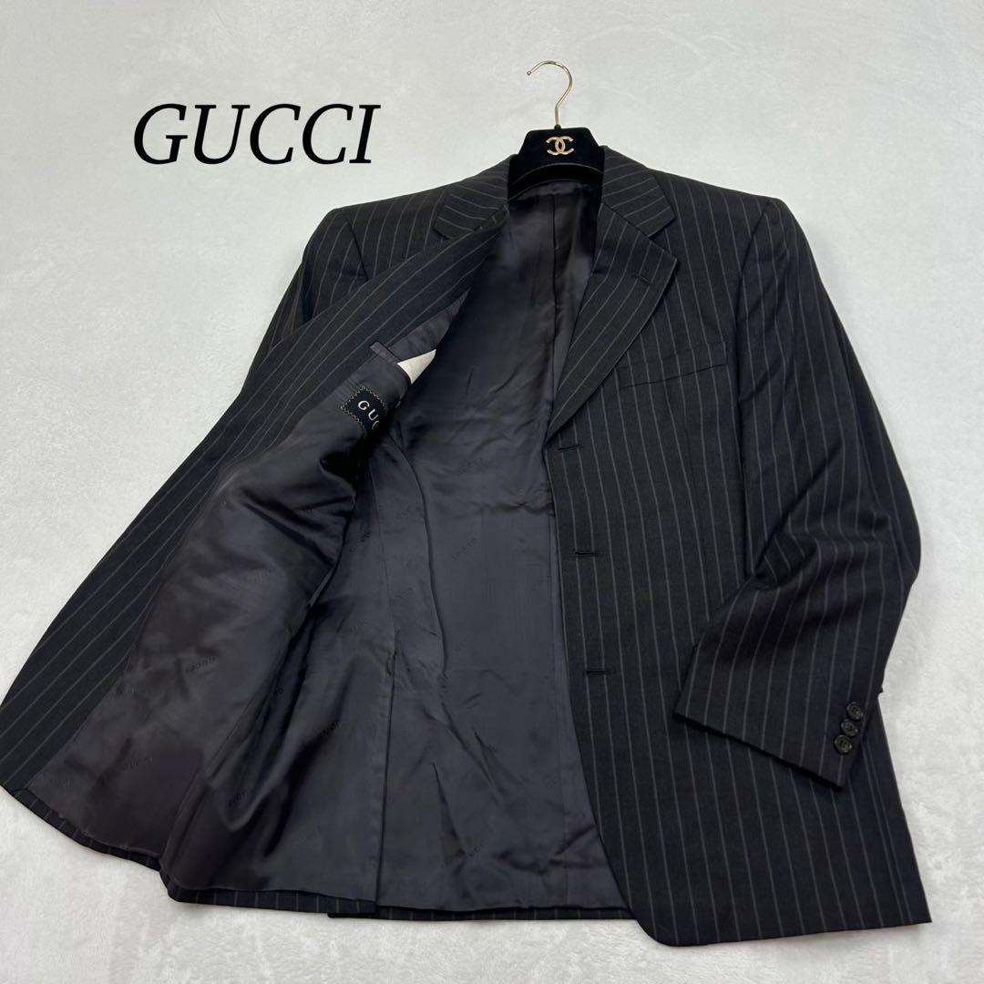 F705 美品 L 48 グッチ ストライプ シングル スーツJKT メンズ