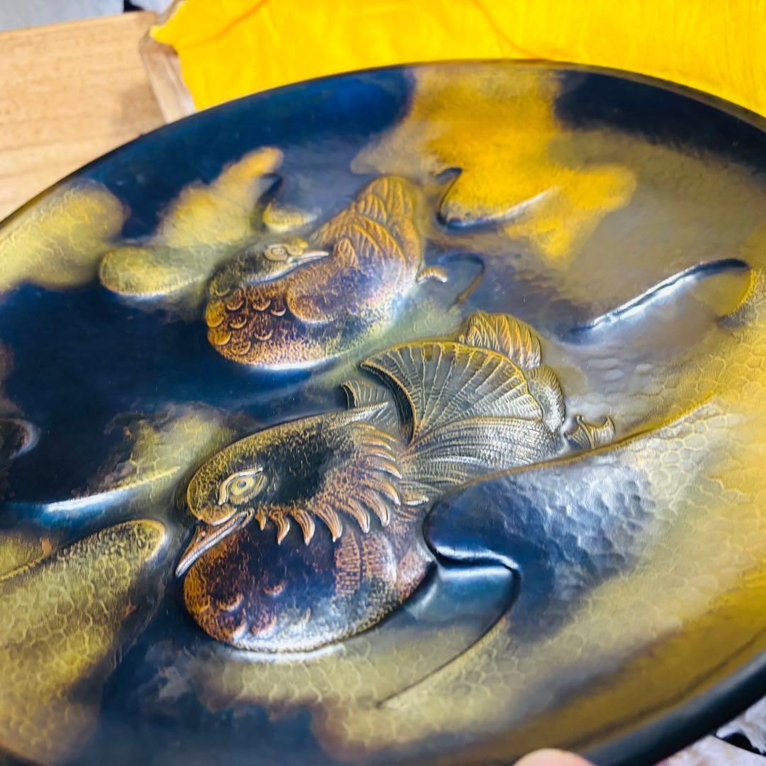 超希少作　玉川堂　五代　鴛番　おしどり　大額皿　鎚起銅器　三条　玉川覚平　鴛鴦