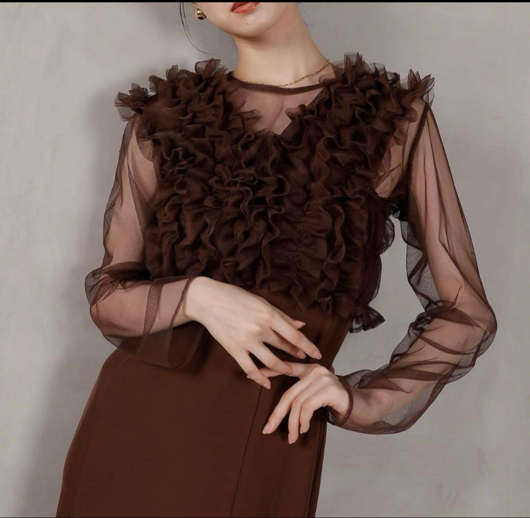 kanaブラウン フリル ロングドレス