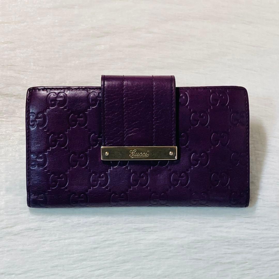 月末最終　人気　GUCCI グッチ　二つ折り　長財布　グッチシマ　金ロゴ　紫