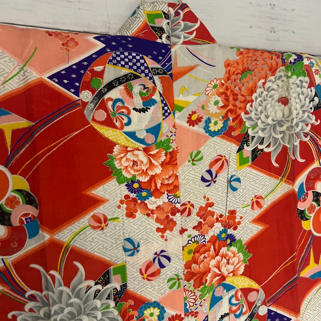 5945◆アンティーク長襦袢毱薬玉折鶴花尽くしレトロ可愛いチャーミング