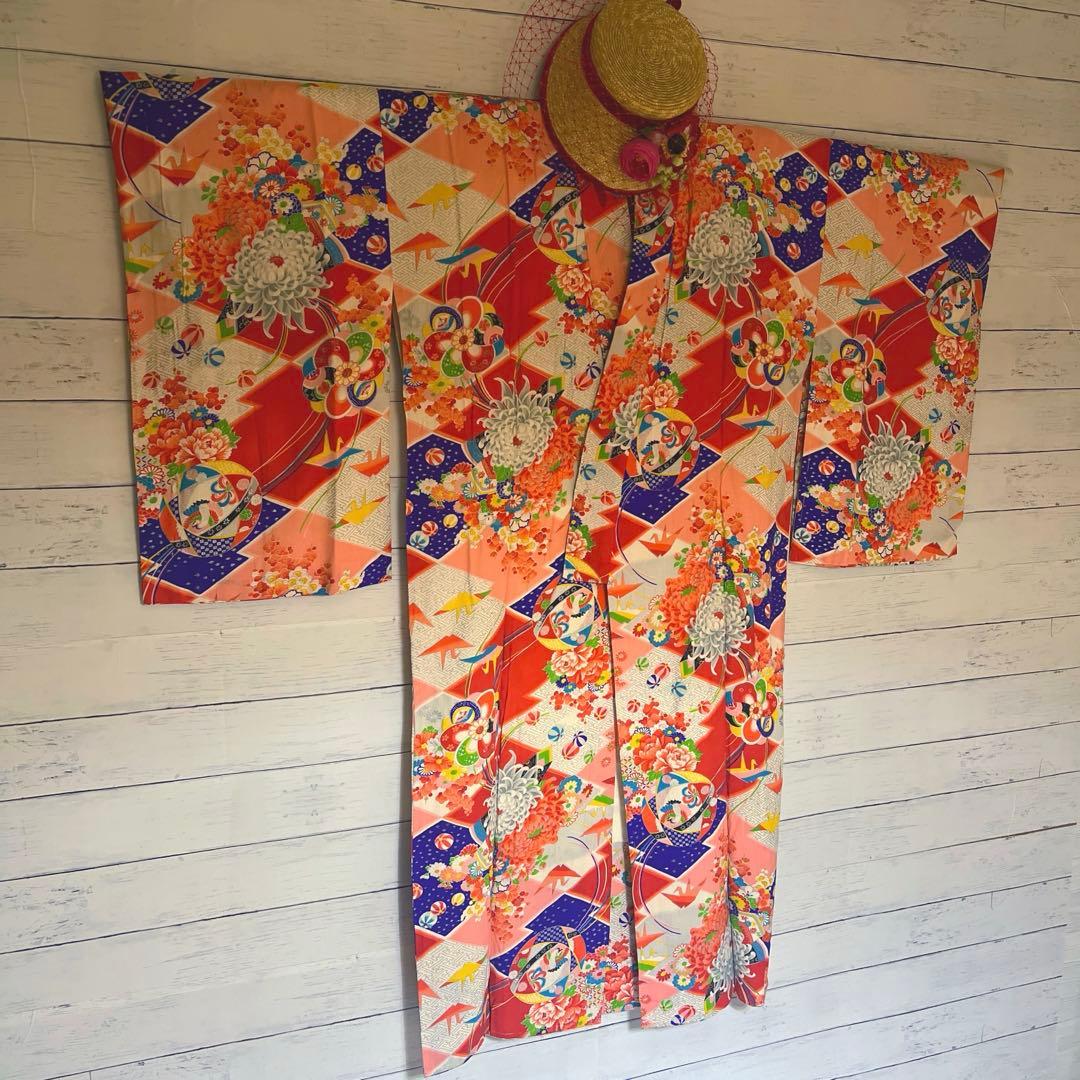 5945◆アンティーク長襦袢毱薬玉折鶴花尽くしレトロ可愛いチャーミング