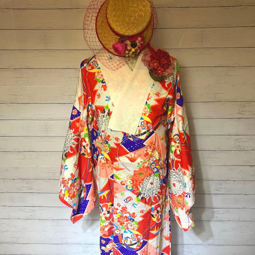 5945◆アンティーク長襦袢毱薬玉折鶴花尽くしレトロ可愛いチャーミング