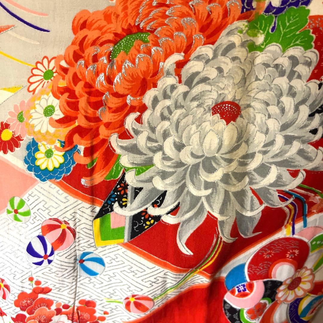 5945◆アンティーク長襦袢毱薬玉折鶴花尽くしレトロ可愛いチャーミング