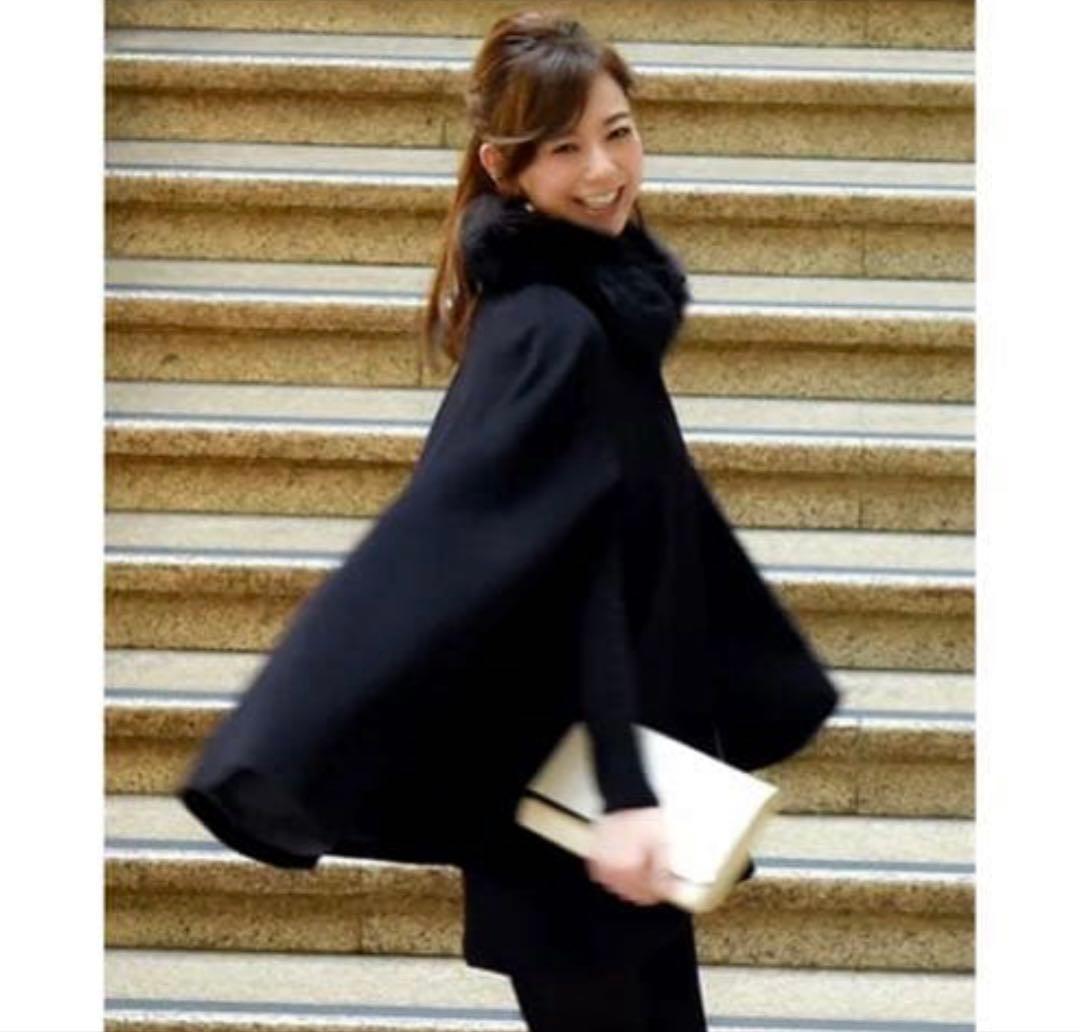 ルイルエブティック　フォックスファー付きケープコート　ブラック　3L ウール　黒