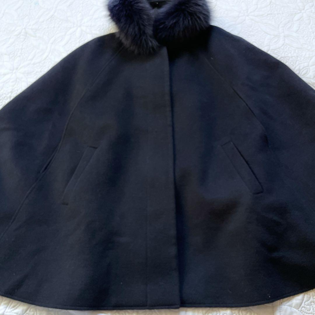 ルイルエブティック　フォックスファー付きケープコート　ブラック　3L ウール　黒