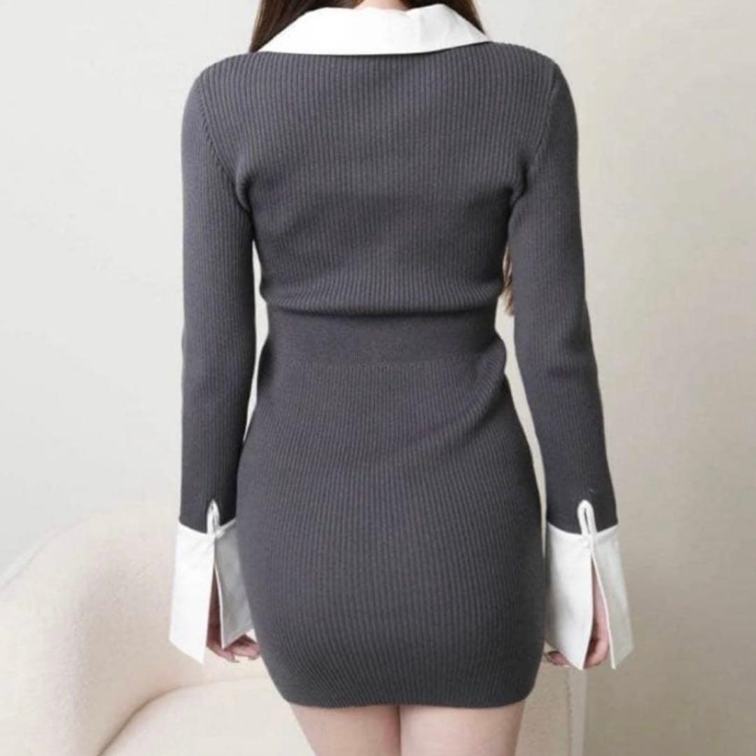 リップサービス ダブルカラークラシカルニットワンピース グレー