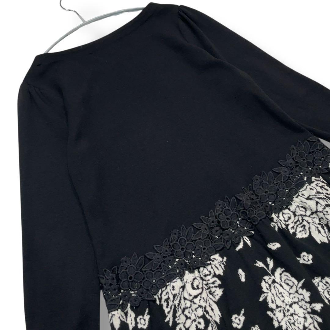 美品 スーパービューティー 花柄 ジャガード ビジュー ニットワンピース 42