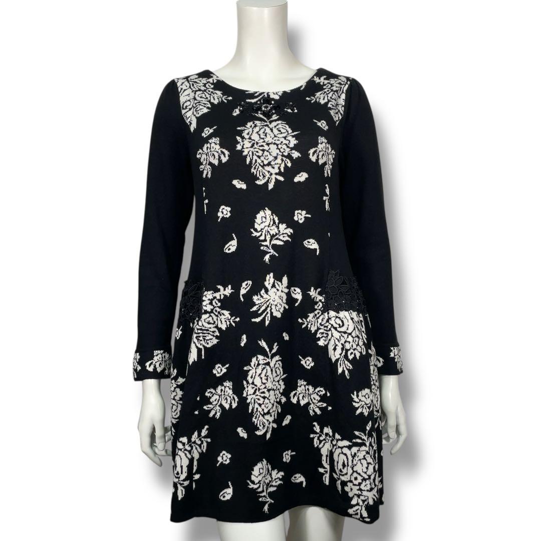 美品 スーパービューティー 花柄 ジャガード ビジュー ニットワンピース 42