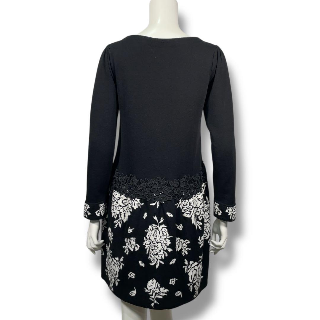 美品 スーパービューティー 花柄 ジャガード ビジュー ニットワンピース 42