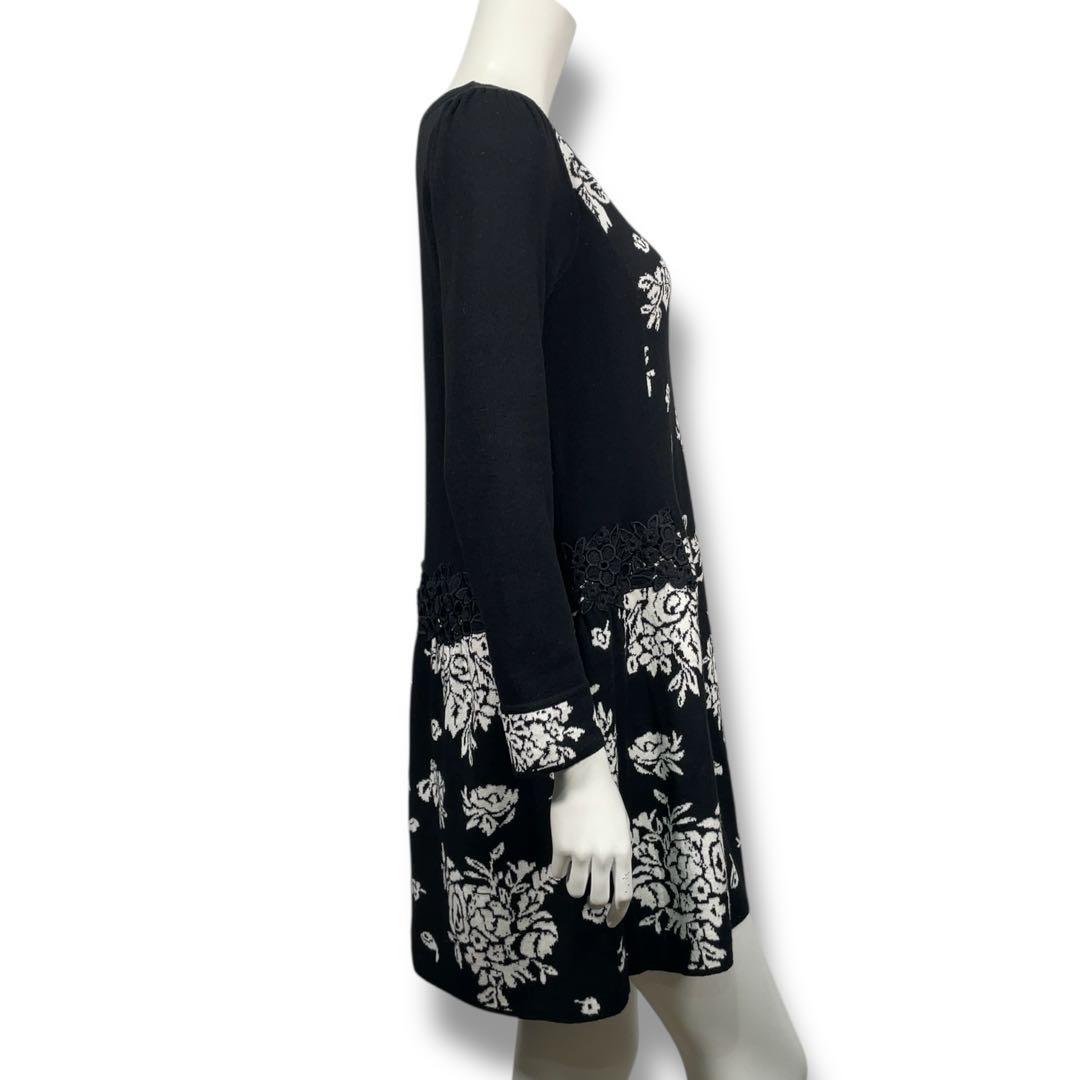 美品 スーパービューティー 花柄 ジャガード ビジュー ニットワンピース 42