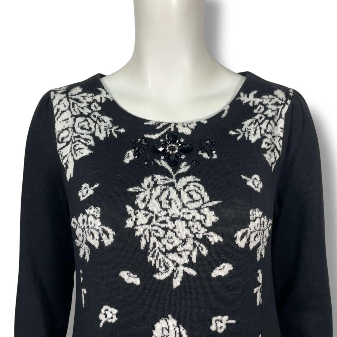 美品 スーパービューティー 花柄 ジャガード ビジュー ニットワンピース 42