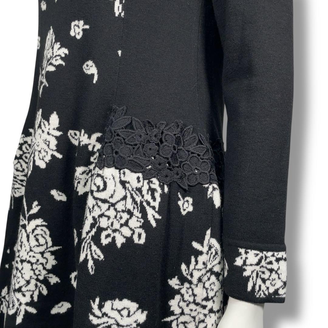 美品 スーパービューティー 花柄 ジャガード ビジュー ニットワンピース 42