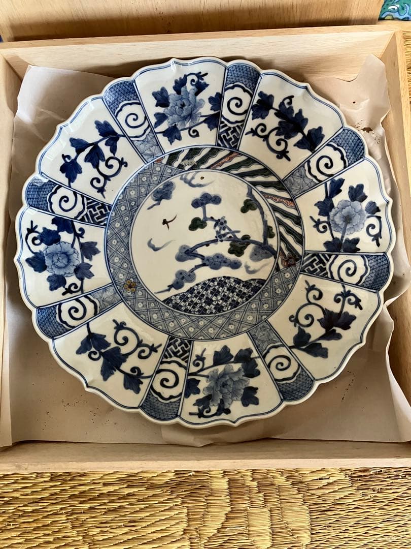 九谷焼⭐︎山本長左作⭐︎染付 松に鳥　盛皿30cm