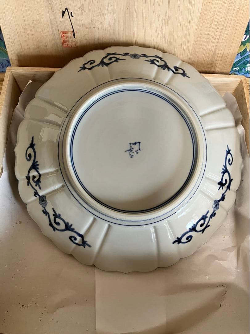 九谷焼⭐︎山本長左作⭐︎染付 松に鳥　盛皿30cm