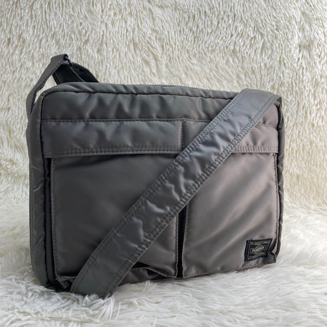 【極美品】ポーター タンカー ショルダーバッグ ダブルジップ シルバーグレー　L