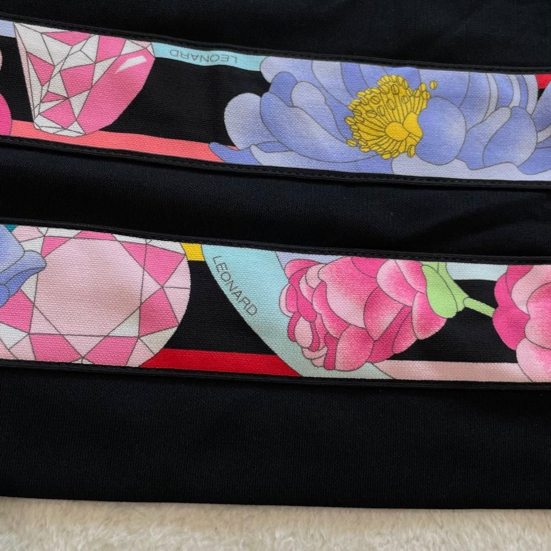 タグ付　レオナール　チュニック　花柄　トリム　七分袖　UVカット　ブラック　XL