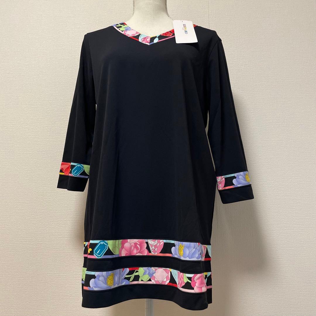 タグ付　レオナール　チュニック　花柄　トリム　七分袖　UVカット　ブラック　XL