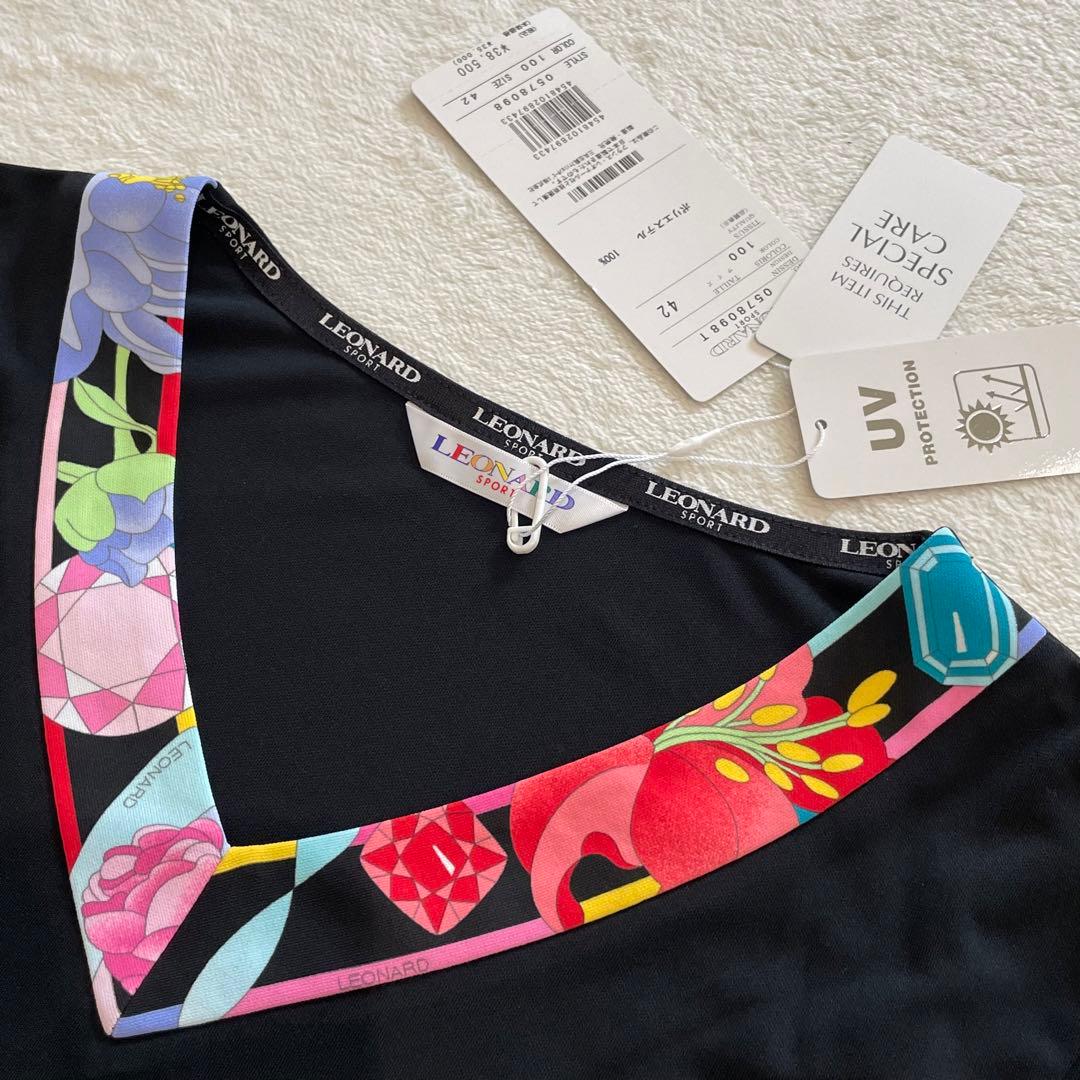 タグ付　レオナール　チュニック　花柄　トリム　七分袖　UVカット　ブラック　XL