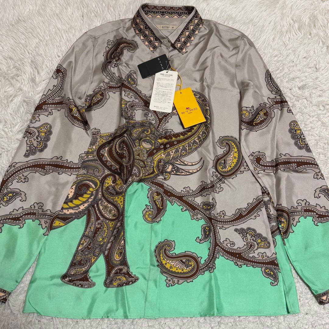 未使用タグ付きLサイズ相当　エトロ　シルク100% ペイズリー総柄　ブラウス　象