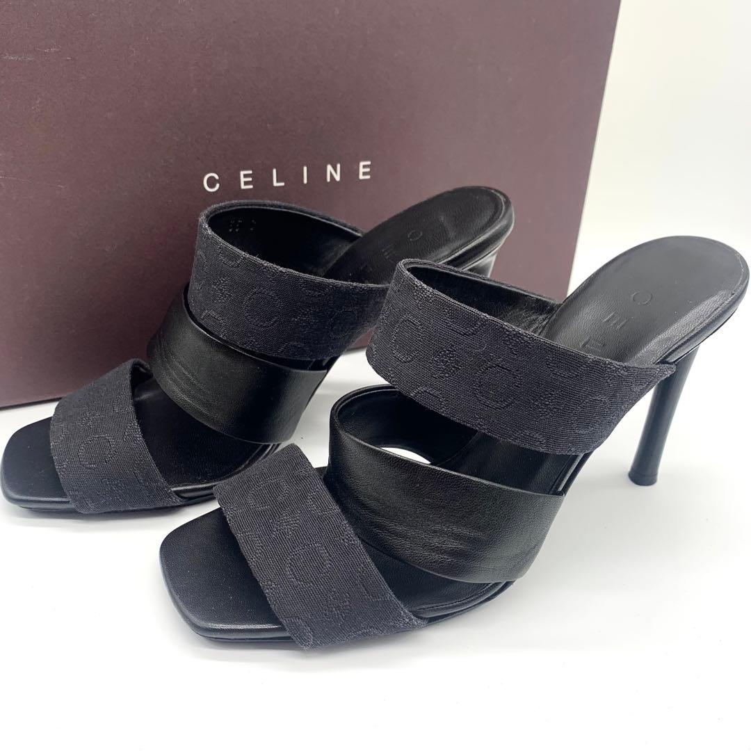 セリーヌ ミュール サンダル キャンバスロゴ レザー ブラック 22cm 箱付き