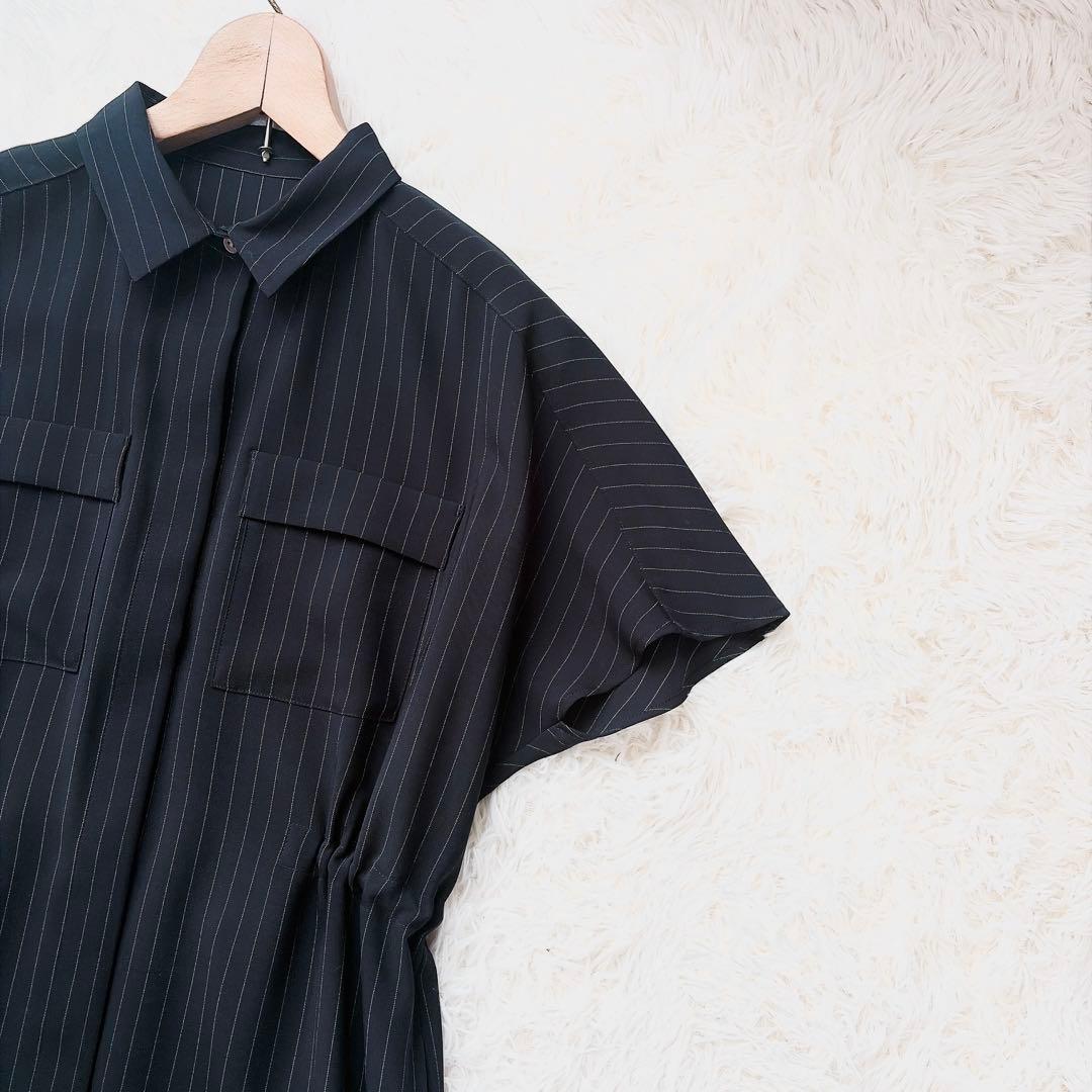 SOEJU ソージュ　ストライプシャツワンピース　ギャザー　ブラック　フレア